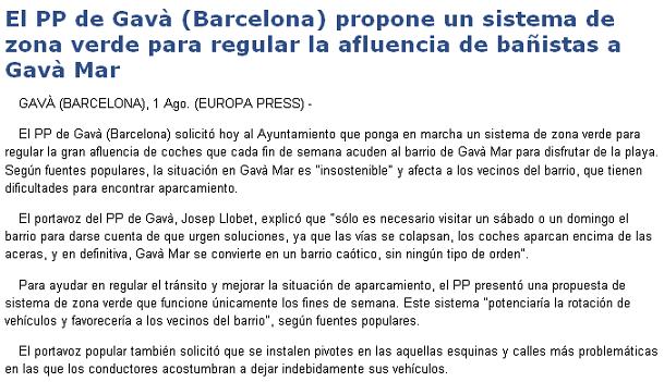 Notícia publicada al portal informatiu de l'agència de notícies EUROPA PRESS sobre la proposta del PPC de Gavà per crear un sistema de zona verda per regular l'aparcament a Gavà Mar (1 d'Agost de 2008)